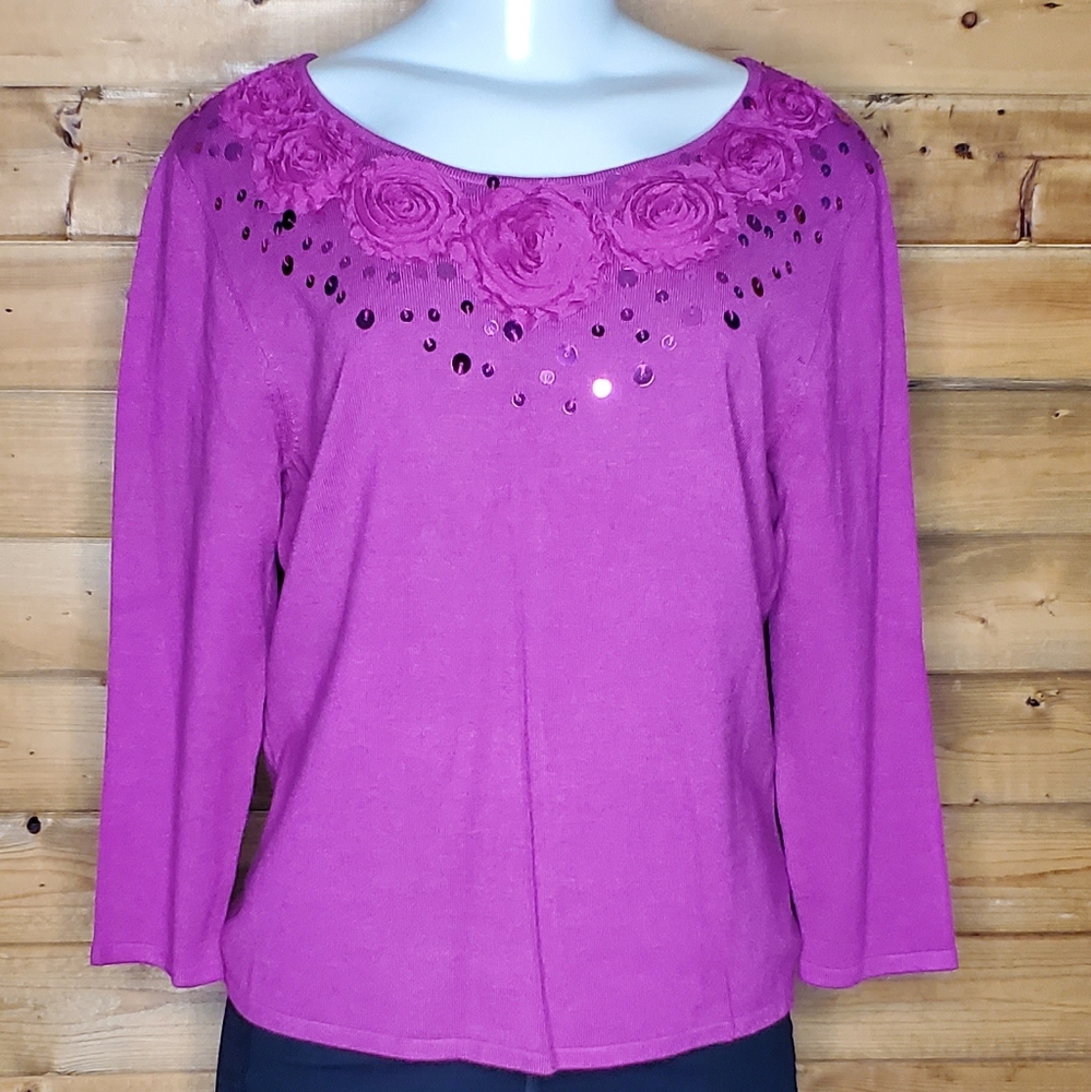 ❤️3/$15 Rudy Rd. Blouse  sequins split- neck sweater 3/4 sleeve fiusha S…